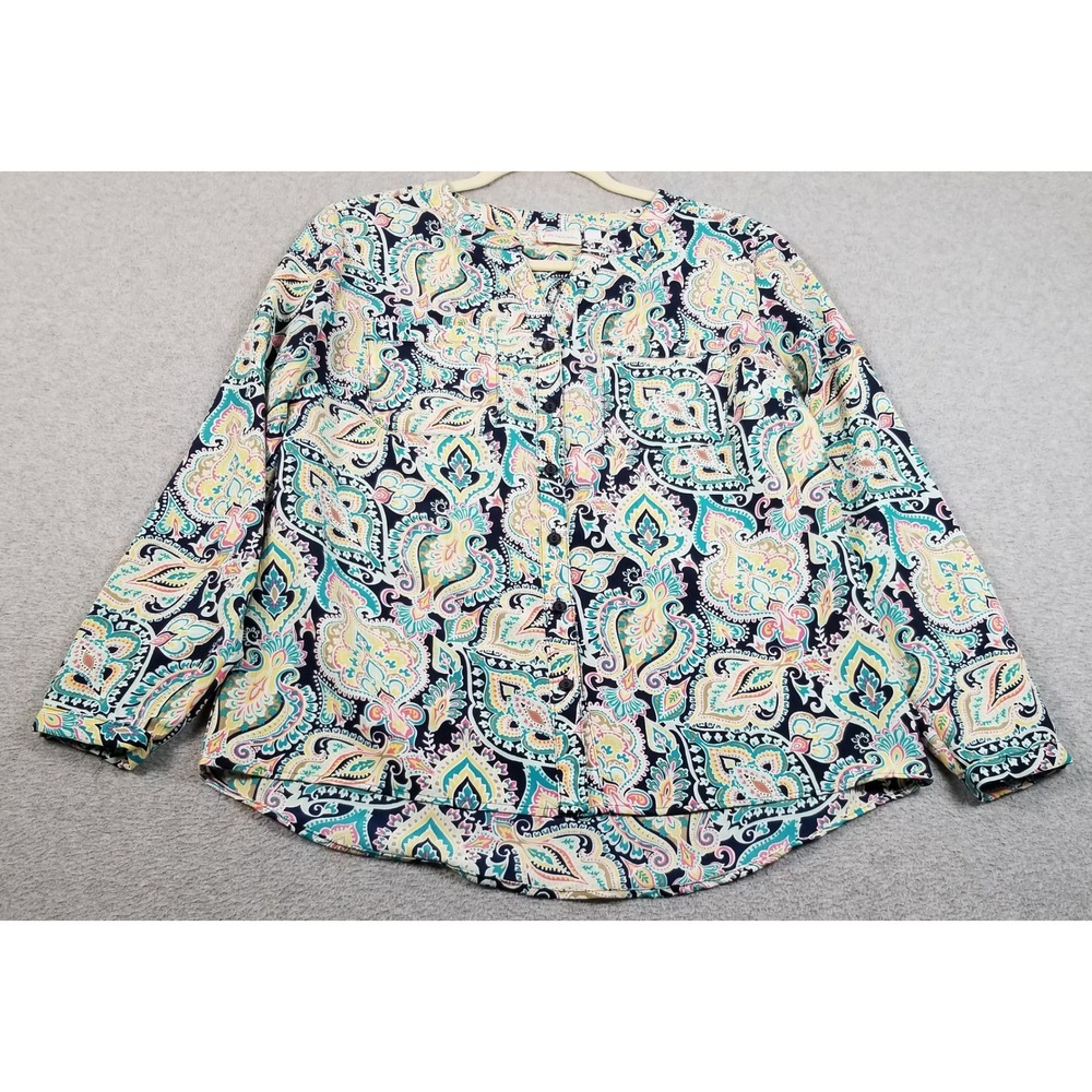 Kim Rogers Blouse Women Small S Paisley Roll Tab Sleeve Button Up Top Textured